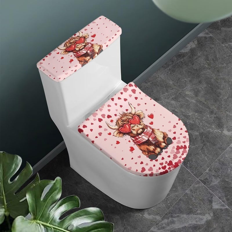CREAMIC Loving Highland Cattle Toilet Lid Covers and Tank Cover Set Soft Plush Toilet Seat Cover Protector Stretch Washable Lid Dust Covers for Bathroom Decoration Accessories for Valentine's Day - Image 2